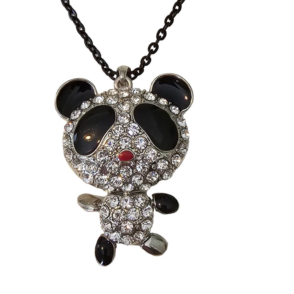 Rhinestone Panda Necklace on black chain